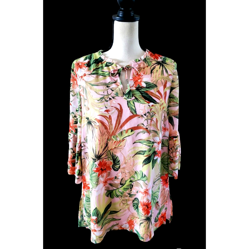 J. Jill Pink Tropical Floral Chiffon Long Tunic Top 3/4 Sleeves Sz XS